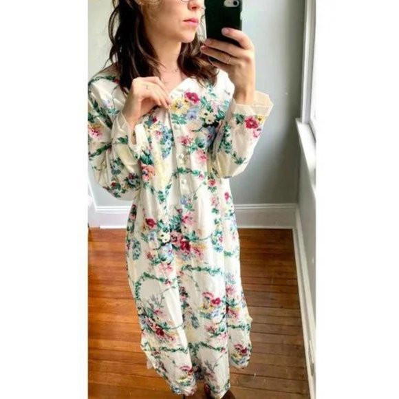 Vintage 90s Floral Henley Bow Nightgown Grunge Cottagecore Midi Dress - Picture 3 of 9